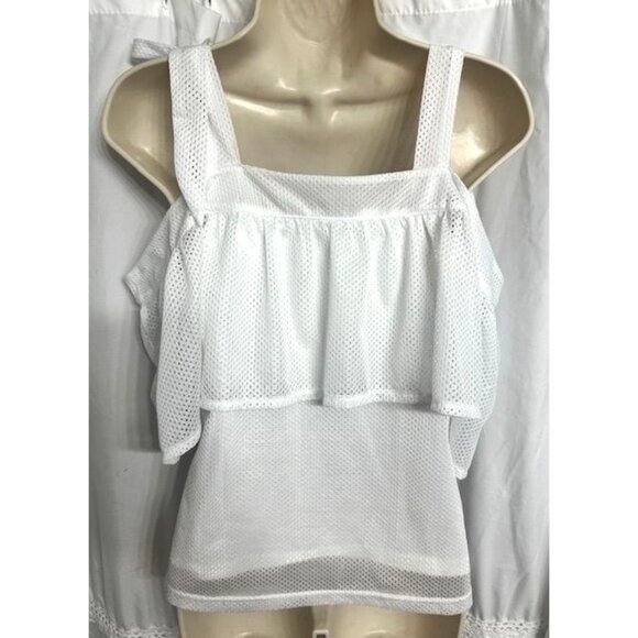 Puma Women White Mesh Active Off-Shoulder Tie-Strap Layered Ruffle Sporty Top S - Picture 4 of 5